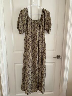 Olive Green Floral Puff-Sleeve Maxi Dress
